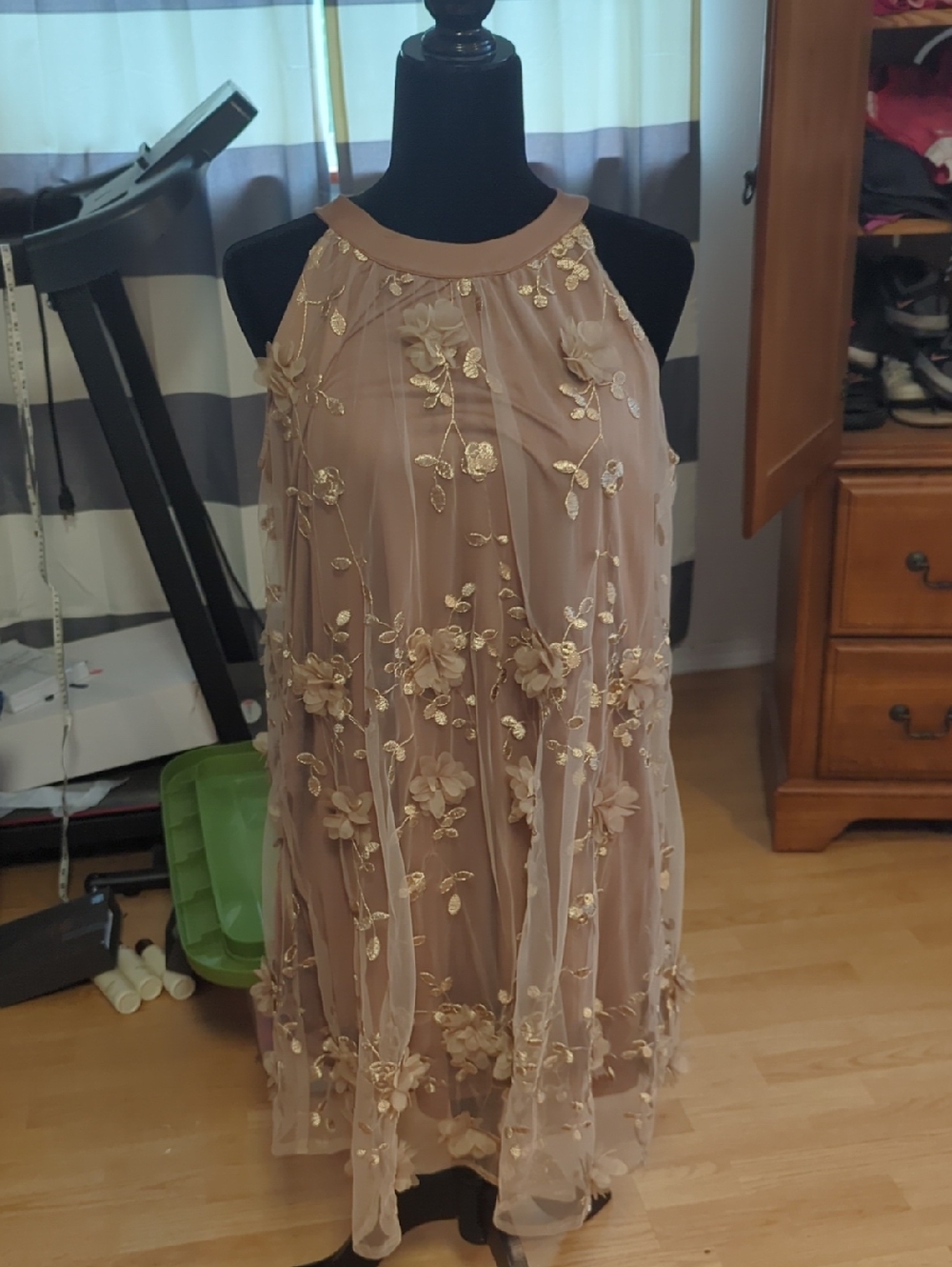Embroidered Floral Overlay Sleeveless Dress - Tan